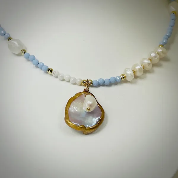 Pearl & Blue Bead Teardrop Necklace, photo 4