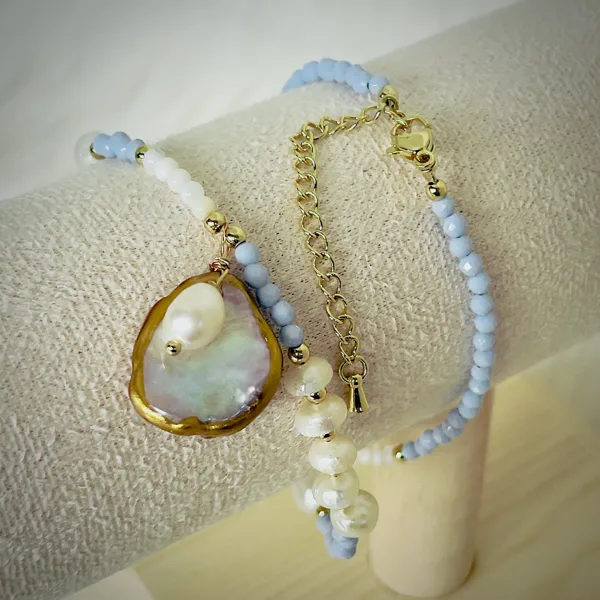 Pearl & Blue Bead Teardrop Necklace, photo 6