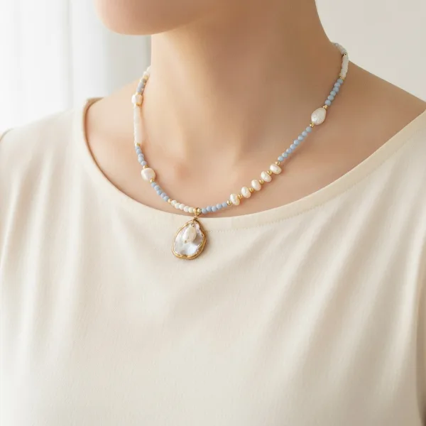 Pearl & Blue Bead Teardrop Necklace, photo 1
