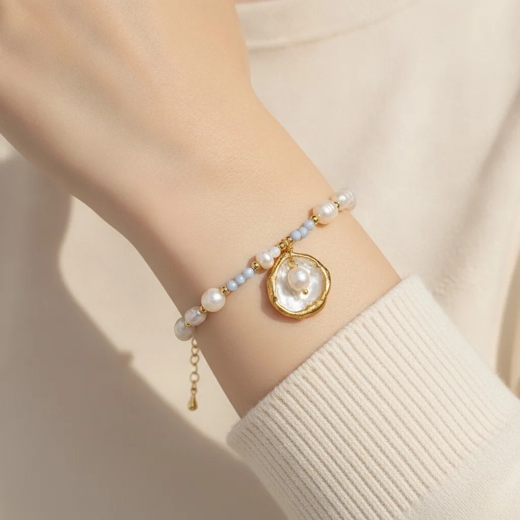 Pearl & Blue Bead Bracelet