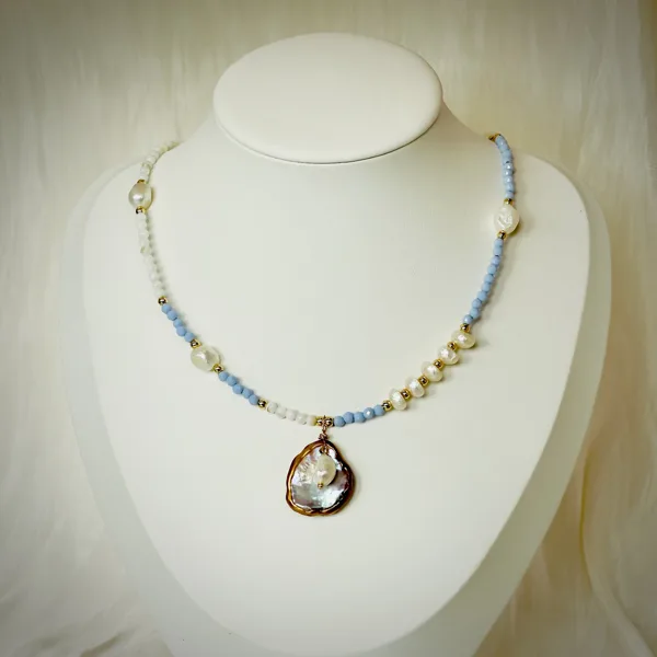 Pearl & Blue Bead Teardrop Necklace